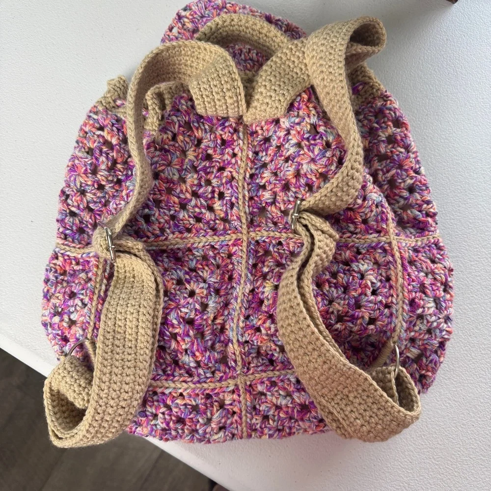 Boho Handmade Crochet Granny Square Drawstring Backpack‎ Bag Purse Pink Tan